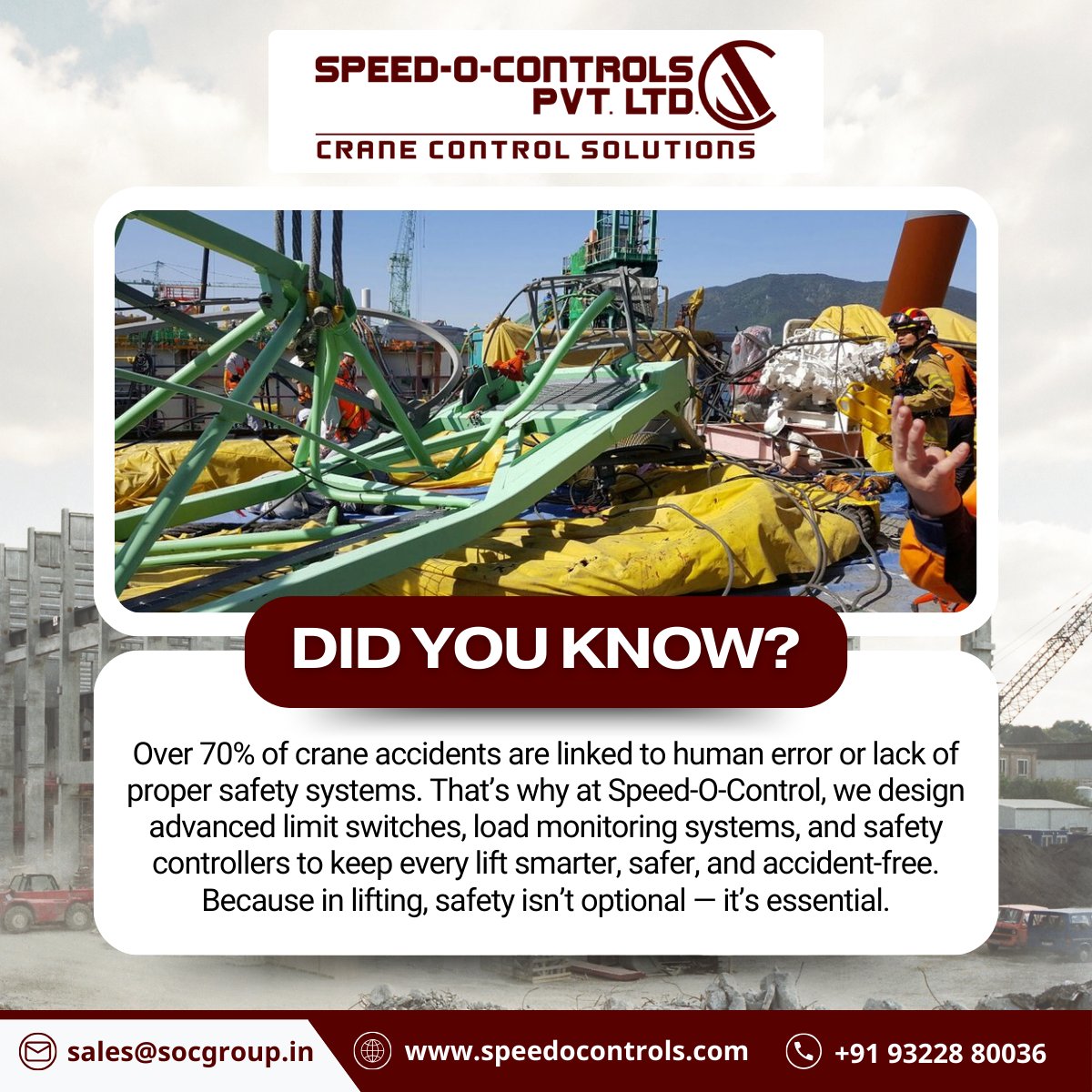 SpeedOControls's tweet image. Over 70% of crane accidents are preventable—with the right safety systems. At Speed-O-Control, we build tech that stops errors before they start. Smarter lifts. Safer sites. Zero compromise. ⚙️
#SafetyFirst #CraneSafety #SpeedOControl