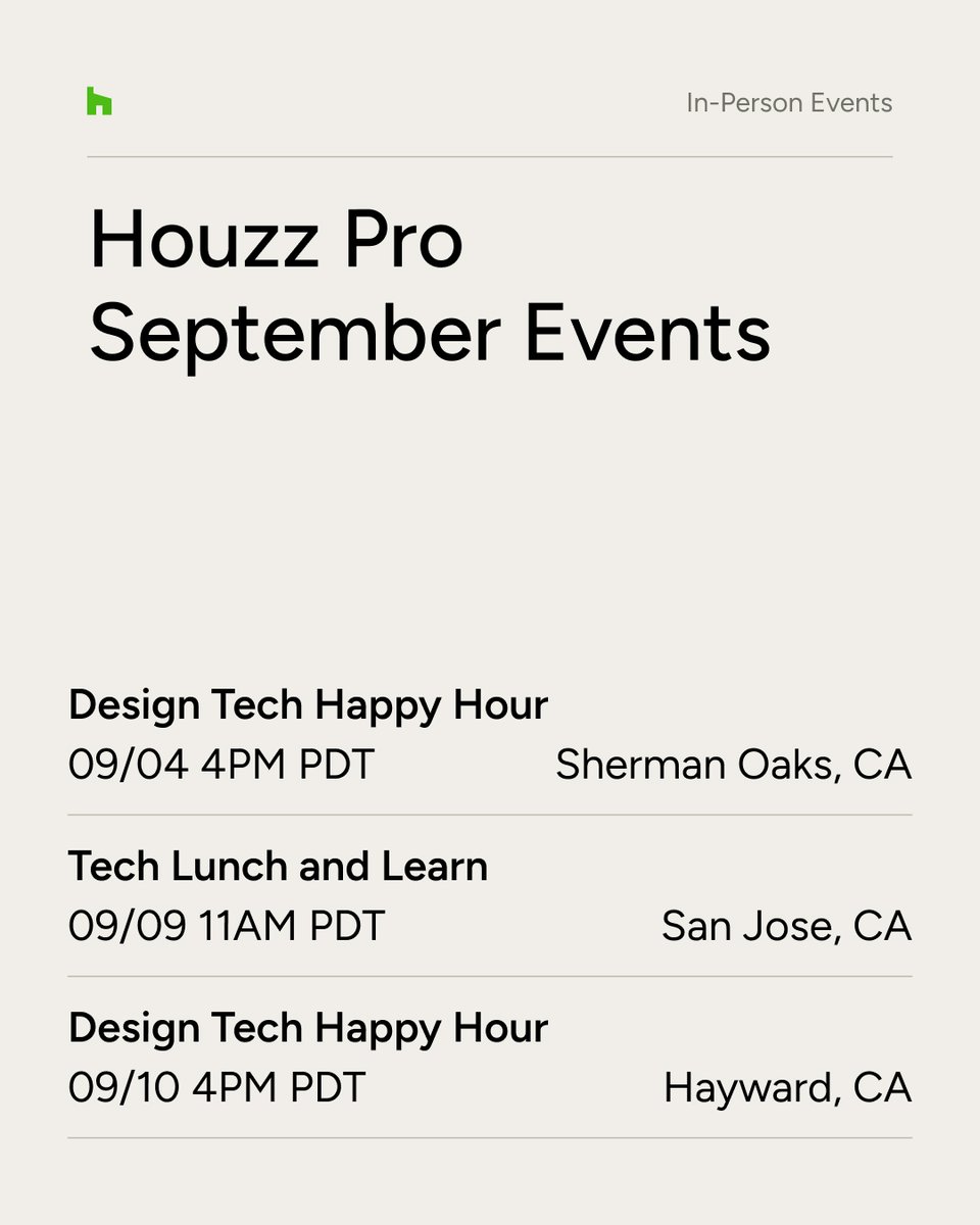 houzzpro's tweet image. Houzz is on the move this September! 🗓️ Join us for in-person events packed with live demos, networking, and industry insights. bit.ly/450Wldb 

#Houzz #HouzzPro #DesignEvents #ConstructionPros