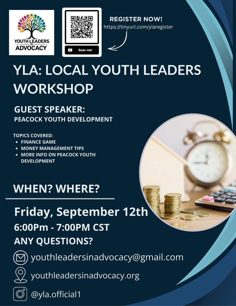 10 DAYS LEFT! Click the link to join Youth Leaders in Advocacy's first workshop:
tinyurl.com/ylaregister

YLA is all about providing opportunities and letting youth engage in civic activities. It will take place online on September 12th from 6PM-7PM CST. See you all there!