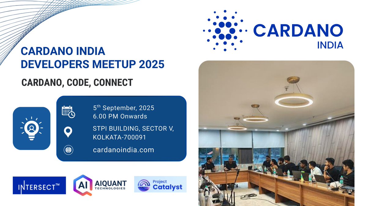 Cardano India Developers Meetup: Cardano, Code, Connect
Cardano is empowering developers to build scalable, secure, and impactful solutions. 
What’s in store: 
🔍 Deep dives into Cardano’s architecture and tooling
🤖 Insights into integrating AI and DeFi on-chain
🤝 A vibrant
