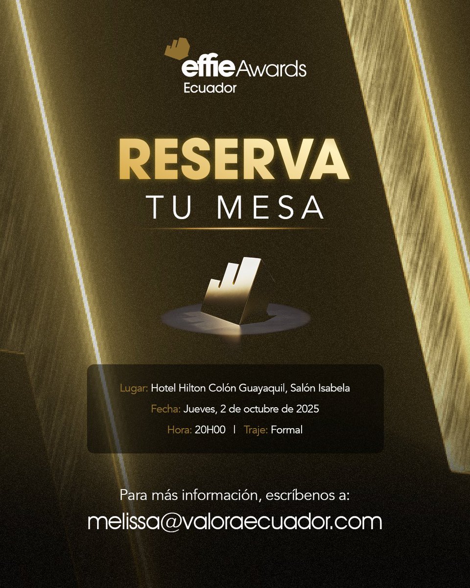 ¡Acompáñanos en la gran noche de las ideas más efectivas de la industria!


Reserva tu mesa para la Ceremonia de Premiación de los Effie Awards Ecuador 2025. 

📩 Para más información sobre entradas y reservas, escríbenos a: melissa@valoraecuador.com

#EffieAwardsEcuador