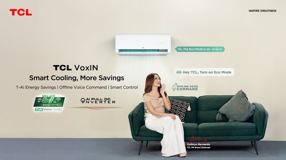 TCLPH's tweet photo. Smart cooling, bigger savings. 🌬️💡 With TCL VoxIN, enjoy up to 37% energy savings plus hands-free control—even without Wi-Fi.

#TCLVoxINAC #TCLTAIEnergySavings #TCLSmartCoolingMoreSavings #TCLInspireGreatness #TCLPhilippines https://t.co/ZjHr49tKM7