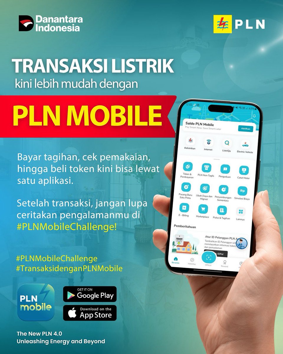 Hai, Semeton Electrizen!

⚡ Transaksi listrik sekarang jadi lebih praktis!

Cek tagihan, bayar, beli token, sampai simulasi biaya pasang baru—all in one di PLN Mobile 

Semuanya bisa kamu lakukan dari mana saja, kapan saja. Yuk, nikmati kemudahan dalam genggaman!

#PLNMobile