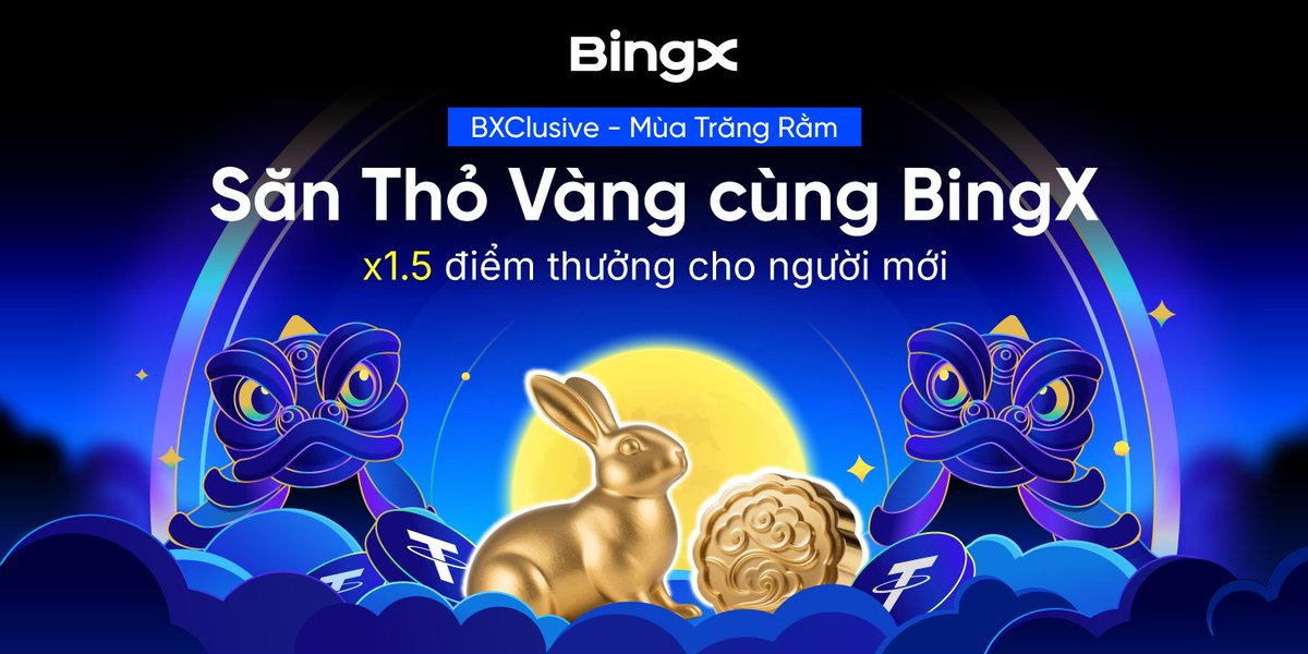 BingXVietnam's tweet photo. 🌕 #BXCLUSIVE THÁNG 9 - TẶNG THỎ VÀNG TRUNG THU
Trung thu ai cũng có quà!

Tích điểm, đổi quà ngay: https://t.co/TudlqGIfVT

⏳ THỜI GIAN: 03/09 - 03/10/2025
🎁 PHẦN THƯỞNG:
🐇 Thỏ vàng Trung Thu 24K
🌕 Mặt trăng vàng 24k
🖥️ Quà công nghệ thời thượng: Macbook, iPhone, Đồng hồ Samsung,...

📌 LƯU Ý:
➤ Giới hạn 5 lượt đổi thưởng/tài khoản trong suốt sự kiện, áp dụng cho tất cả người dùng.
➤ Người mới được x1.5 điểm cho mỗi $1,000 volume giao dịch

#BingX #BingXTiengViet
———
BingX - Nâng Tầm Nhà Giao Dịch
Ưu Đãi Người Mới $7,700: https://t.co/KbZKzvIHIV