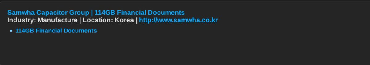 FalconFeedsio's tweet photo. 📢 Ransomware Alert: 🇰🇷

Samwha Capacitor Group (https://t.co/WlsoN6kr3A), a South Korea-based manufacturing company, has reportedly fallen victim to the Gunra ransomware.

🔍 Key Details:
🛡 Threat Actor: Gunra
📅 Reported on: September 3, 2025 https://t.co/MGwjoOWTXG