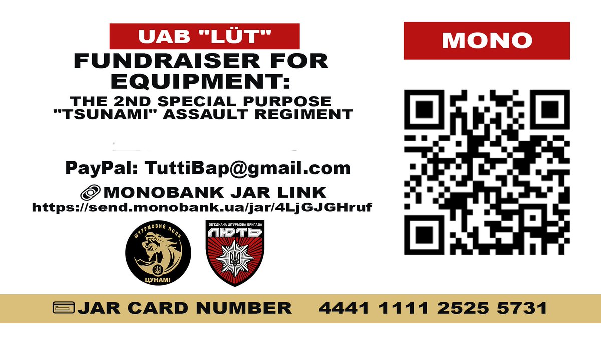 Workshop (@workshop4afu) on Twitter photo Chapter VI, fundraiser for drone team equip
🪖 UAB Lüt', Tsunami assault regiment
🌳 Donetsk region
🪽➡️ Mavic replacement propellers, 30 kits
🎯 30900₴ // $750
Please donate to:
ℙ𝕒𝕪𝕡𝕒𝕝: TuttiBap@Gmail.com
send.monobank.ua/jar/4LjGJGHruf Chapter VI, fundraiser for drone team equip
🪖 UAB Lüt', Tsunami assault regiment
🌳 Donetsk region
🪽➡️ Mavic replacement propellers, 30 kits
🎯 30900₴ // $750
Please donate to:
ℙ𝕒𝕪𝕡𝕒𝕝: TuttiBap@Gmail.com
send.monobank.ua/jar/4LjGJGHruf