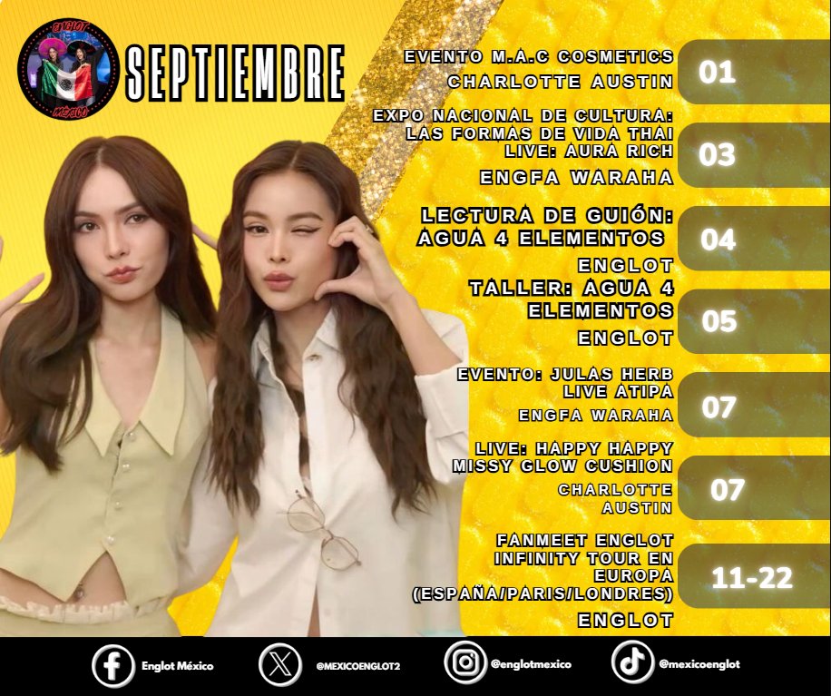 ENGLOT MÉXICO OFFICIAL🇲🇽 (@mexicoenglot2) on Twitter photo CALENDARIO SEPTIEMBRE - ENGLOT 📅
PRIMERA ACTUALIZACIÓN
En caso de algún cambio se les hará saber lo más pronto posible y en futuras publicaciones.
#อิงฟ้ามหาชน #EngfaWaraha
#CharlotteAustin #ชาล็อตออสติน #อิงล็อต #englot
<a href="/EWaraha/">Engfa Waraha (ตัวจริง)</a>
<a href="/itscharlotty/">Charlotte Austin</a> CALENDARIO SEPTIEMBRE - ENGLOT 📅
PRIMERA ACTUALIZACIÓN
En caso de algún cambio se les hará saber lo más pronto posible y en futuras publicaciones.
#อิงฟ้ามหาชน #EngfaWaraha
#CharlotteAustin #ชาล็อตออสติน #อิงล็อต #englot
<a href="/EWaraha/">Engfa Waraha (ตัวจริง)</a>
<a href="/itscharlotty/">Charlotte Austin</a>