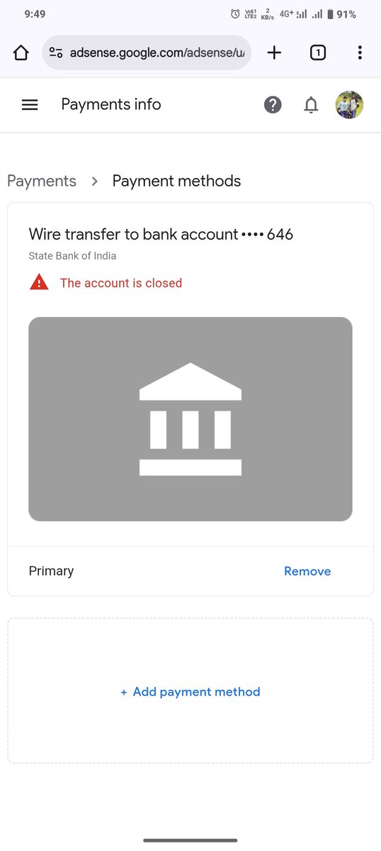 join_rkh's tweet photo. Hello @GoogleAdSense,
My bank account is active, but in AdSense it shows “The account is closed”. Because of this I cannot receive payments.
I have double-checked with my bank, and the account is working fine. Please help me resolve this issue.

Screenshot attached.
#AdSense https://t.co/4o7ysF8hwT