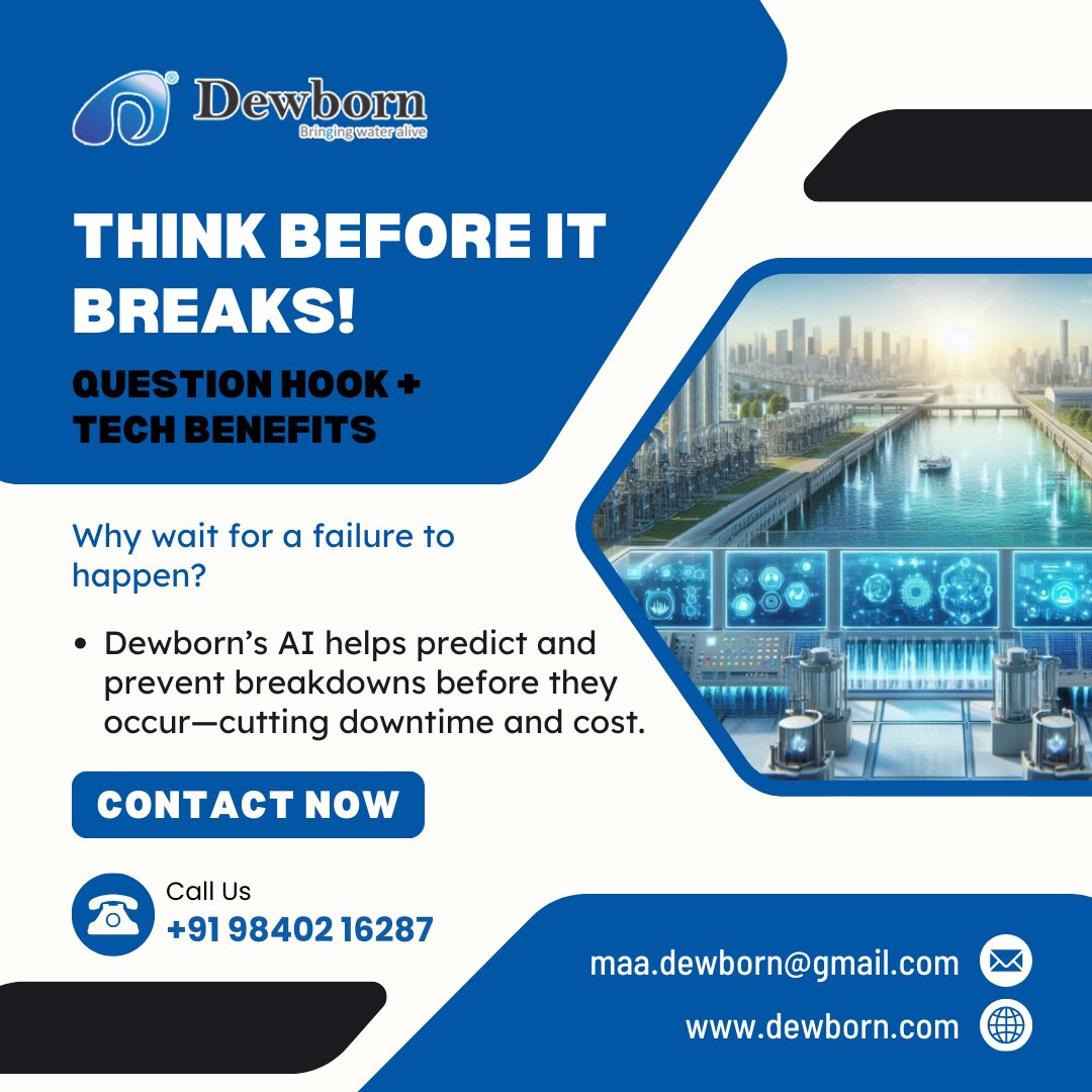 Dewborn1's tweet photo. Can your water system think for itself?
With AI-driven predictive maintenance from Dewborn, it practically can.
Spot issues before they arise
Cut downtime &amp; costs
Boost efficiency without manual effort
Stay ahead of failures—automatically. https://t.co/GV3n3yizSF