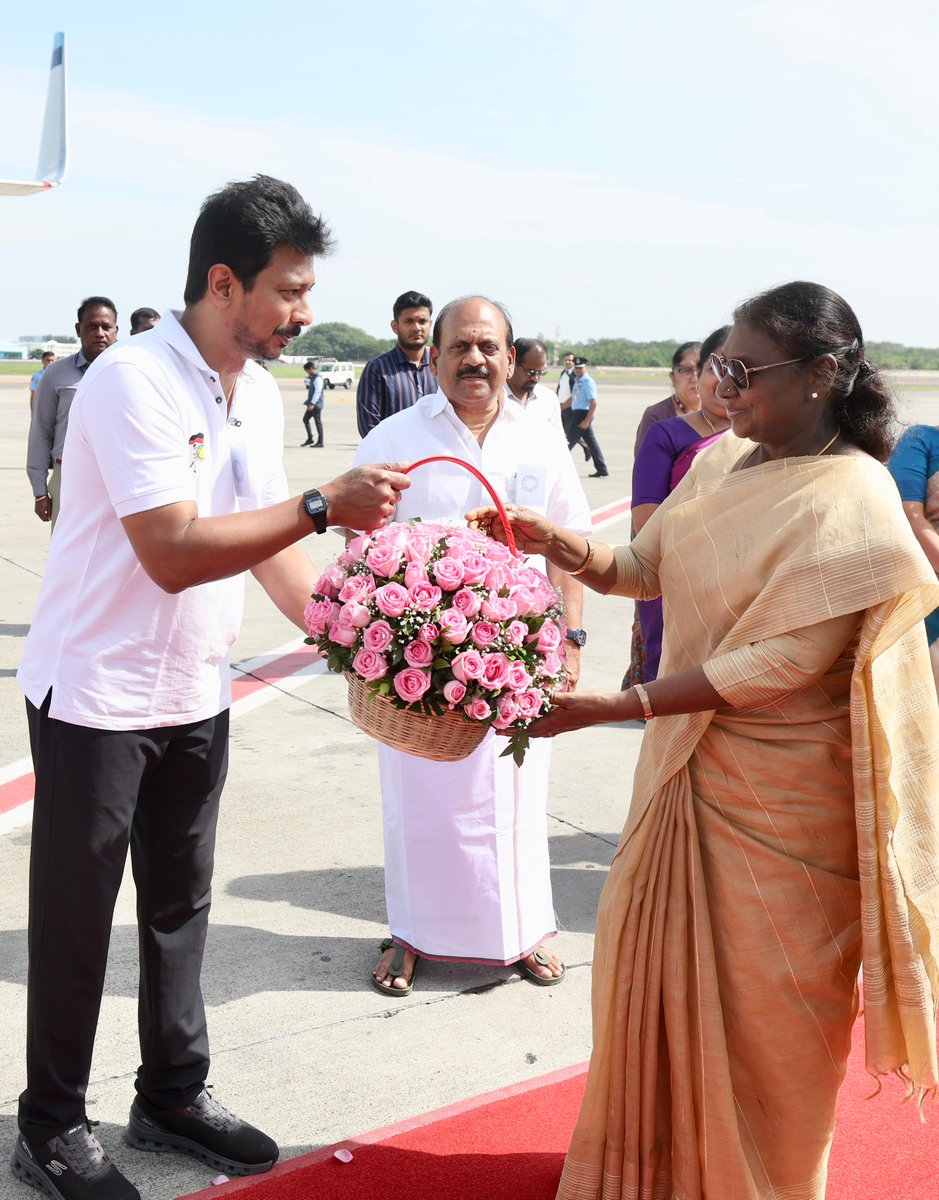 Udhay (@udhaystalin) on Twitter photo Had the honour of seeing off the Hon’ble President <a href="/rashtrapatibhvn/">President of India</a> Thirumigu Droupadi Murmu Avargal. Extended heartfelt wishes for a pleasant journey and warmly invited the President to visit Tamil Nadu again to experience its rich culture, warmth, and hospitality. Had the honour of seeing off the Hon’ble President <a href="/rashtrapatibhvn/">President of India</a> Thirumigu Droupadi Murmu Avargal. Extended heartfelt wishes for a pleasant journey and warmly invited the President to visit Tamil Nadu again to experience its rich culture, warmth, and hospitality.