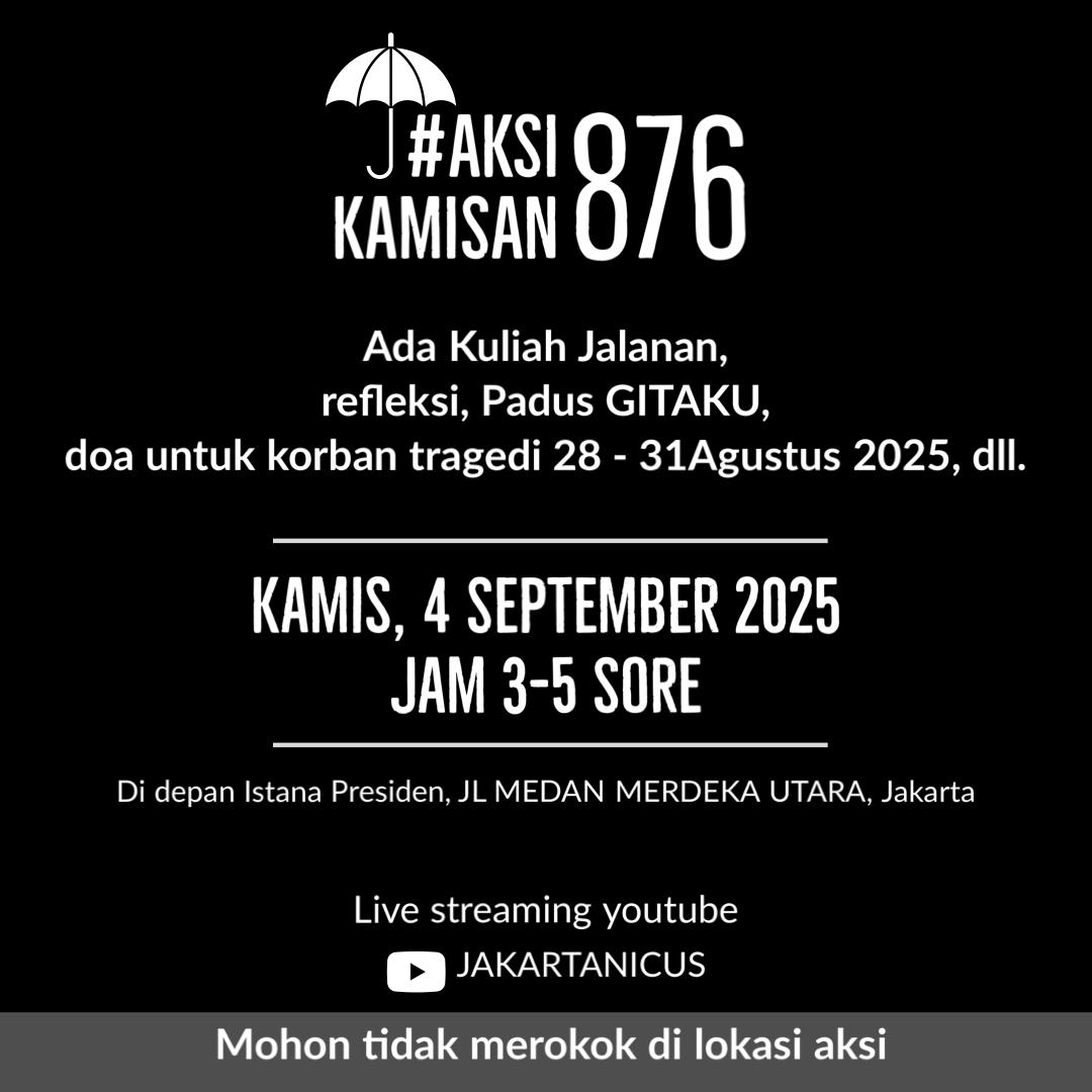 Mengundang kawan2 hadir <a href="/AksiKamisan/">Aksi Kamisan</a> di Jakarta jam 3-5 sore.
Semoga cuaca cerah dan lalu lintas, lancar.

Bagi yang tidak ke lokasi Aksi Kamisan bisa chatting di youtube JAKARTANICUS.
<a href="/dipanggilwawan/">#SayaWawan | BR Norma Irmawan</a> korban Semanggi I - 13 November 1998.