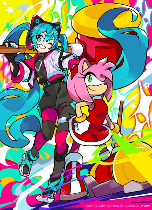【告知】 SEGA様より ソニック×初音ミクコラボ 「Project ONSOKU」 エミー×初音ミクイメージソング 「ウィーアーピコピコハンマーズ!!!! 」 ジャケットイラスト/MVイラストの方描かせていただきました… #ソニミク #ONSOKU #ソニックレーシングCW