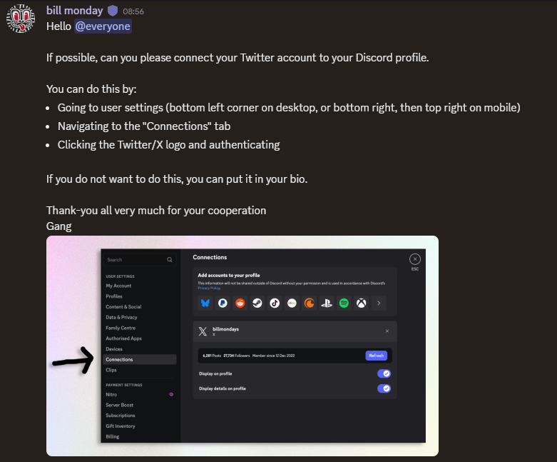 * <a href="/monad/">Monad</a> thông báo update 👀

Anh em nhanh tay connect Twitter/X vào Discord đi.

Nhớ dùng đúng bộ acc: X + DC + Ví.

Ai connect chéo dễ bị lọc bot lắm nha ⚡️