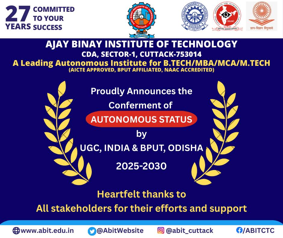 Aditya Prasad Ghosh (@adityapghosh) on Twitter photo Huge congratulations to the entire <a href="/AbitWebsite/">ABIT OFFICIAL</a> , Cuttack family on achieving Autonomous Institution status under UGC & BPUT. Truly a historic milestone!
Proud moment for us alumni.
#abit #india #odisha #cuttack #education #innovation #ugc #bput #engineering Huge congratulations to the entire <a href="/AbitWebsite/">ABIT OFFICIAL</a> , Cuttack family on achieving Autonomous Institution status under UGC & BPUT. Truly a historic milestone!
Proud moment for us alumni.
#abit #india #odisha #cuttack #education #innovation #ugc #bput #engineering