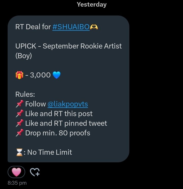 ZHANG SHUAIBO VOTING TEAM PH (@zsvtph) on Twitter photo RT Deal for #SHUAIBO๐ซถ
UPICK - September Rookie Artist (Boy)
๐ - 3,000 ๐
Rules:
๐ Follow <a href="/liakpopvts/">LIA sells KPOP VOTES || no RT deals slots left</a>
๐ Like and RT this post
๐ Like and RT pinned tweet
๐ Drop min. 80 proofs
โ๏ธ: No Time Limit RT Deal for #SHUAIBO๐ซถ
UPICK - September Rookie Artist (Boy)
๐ - 3,000 ๐
Rules:
๐ Follow <a href="/liakpopvts/">LIA sells KPOP VOTES || no RT deals slots left</a>
๐ Like and RT this post
๐ Like and RT pinned tweet
๐ Drop min. 80 proofs
โ๏ธ: No Time Limit