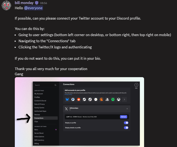 Amulig1's tweet photo. Update gấp từ @monad ⚡️
Ai chưa connect X vào Discord thì làm ngay.
Nhớ bộ acc X + DC + Ví đồng bộ.
Đây có thể là bài test để lọc bot 🚫 https://t.co/5H76G7ZcAc