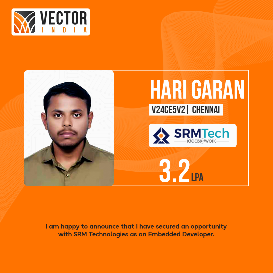 Vector_India's tweet image. Heartiest congrats to Hari Garan from Chennai for landing an Embedded Developer role at SRM Technologies with a 3.2 LPA package!
#VectorIndia #EmbeddedDeveloper #TechCareer #PlacementSuccess #Chennai #ARMArchitecture #8051Microcontroller #CSkills #EngineeringDreams