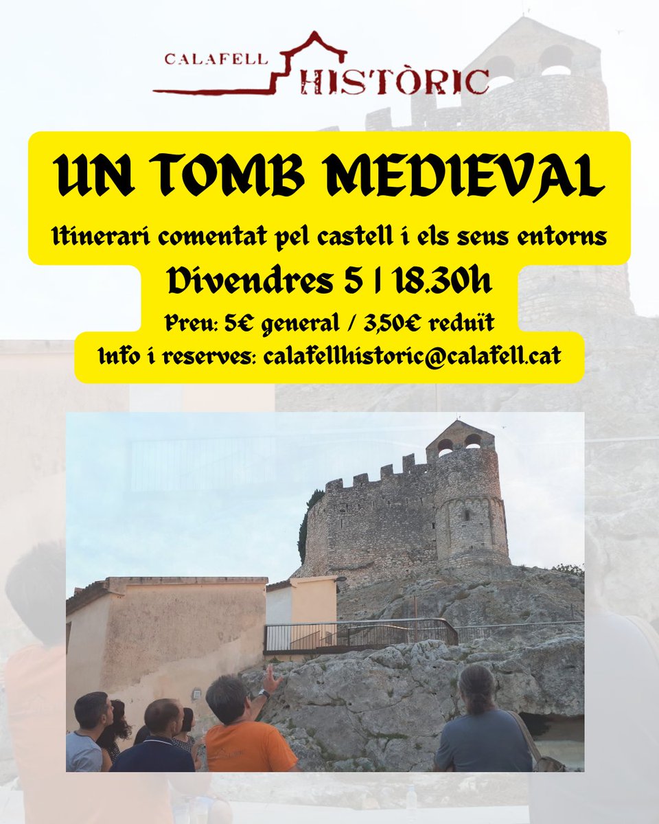 AGENDA | #patrimonicalafell
UN TOMB MEDIEVAL
Itinerari sobre el Calafell Medieval al castell i al nucli antic del poble.

📅Divendres 5 de setembre
🕡18.30h
🎟️  5€ general / 3,50€ reducció

Cal fer reserva prèvia al 977 69 46 83 | calafellhistoric@calafell.cat