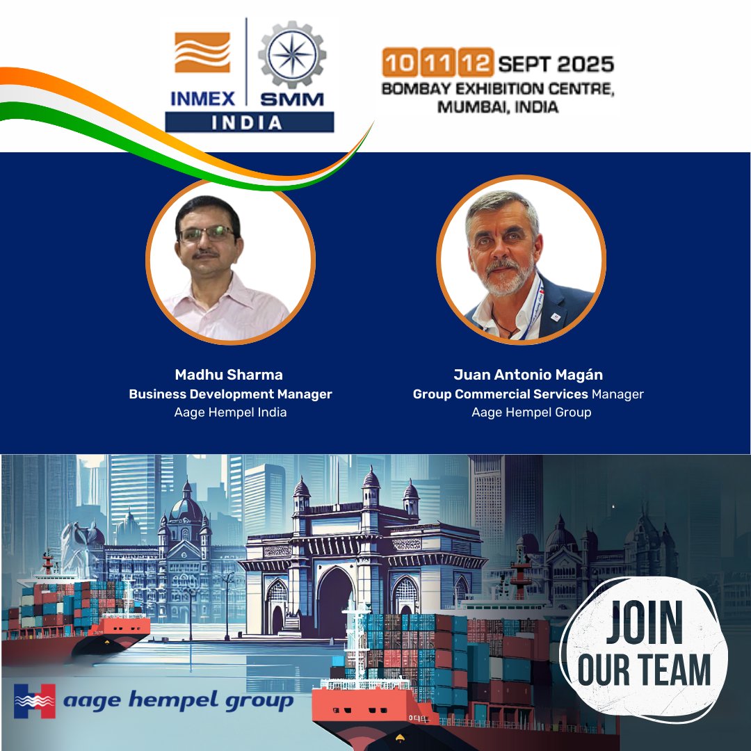 <a href="/aagehempel/">Aage Hempel Group</a>  will be at <a href="/INMEXSMMIndia/">INMEX SMM INDIA</a> (10–12 Sept, Mumbai).

Meet our team on the ground:
👉 Madhu Sudan Sharma – Business Development Manager, AH India
👉 Juan Antonio Magán – Group Commercial Services Manager
📩 Let’s connect!
