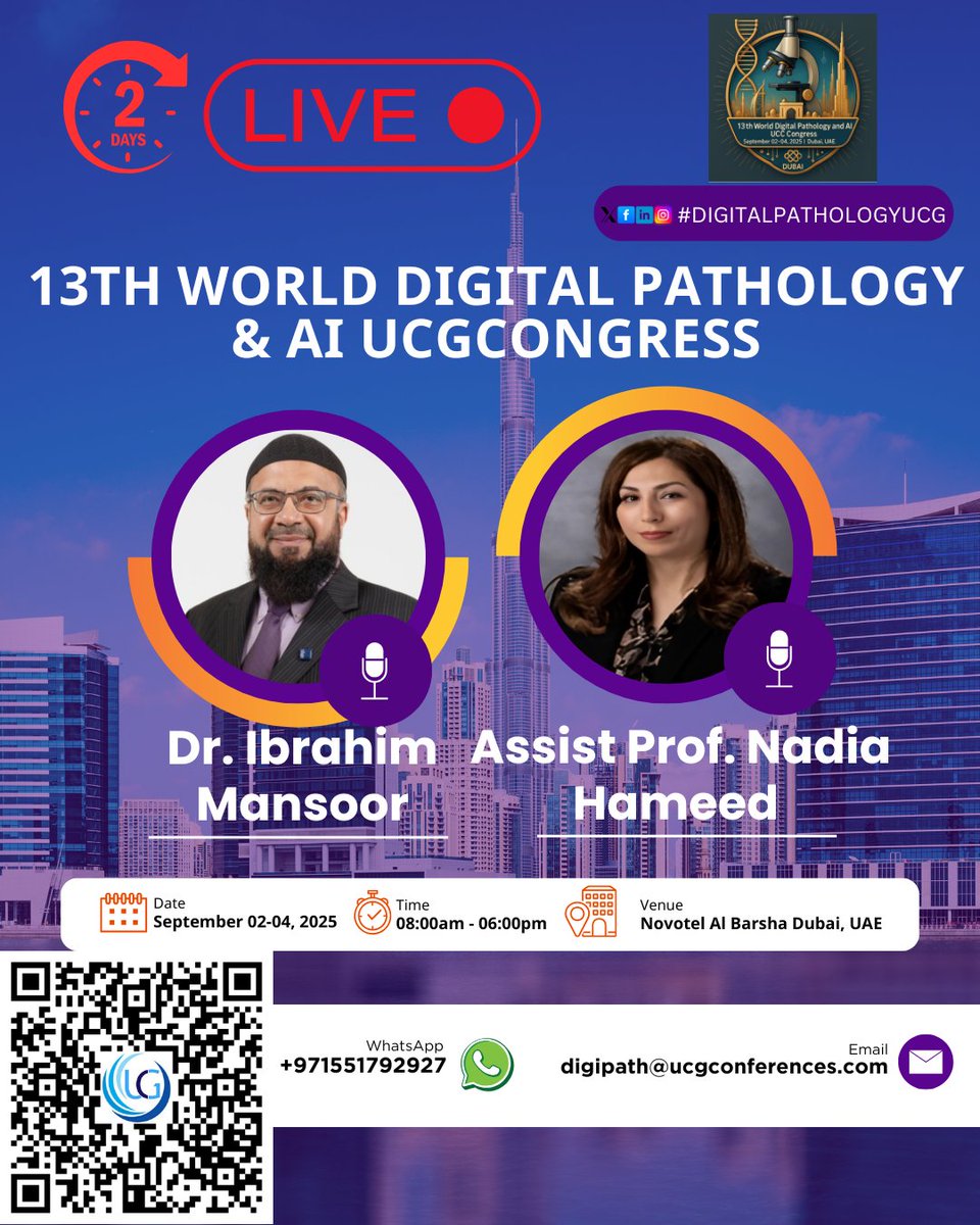LIVE NOW 🚨
Welcome to the 13th World Digital Pathology &amp; AI UCGCongress!
📍 Novotel Al Barsha, Dubai | 📅 Sept 02–04, 2025
🎙️ Featuring: Dr. Ibrahim Mansoor &amp; Assist. Prof. Nadia Hameed
💡 Insights on #DigitalPathology, #AIinHealthcare &amp; #Diagnostics