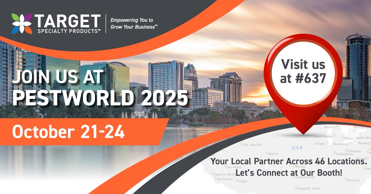 The countdown is on! ⏳ Target Specialty Products will be showcasing at PestWorld 2025 in Orlando from October 21–24. Visit us at Booth #637 to explore the latest solutions in pest management and learn how we can support your success.
📍 See you there!