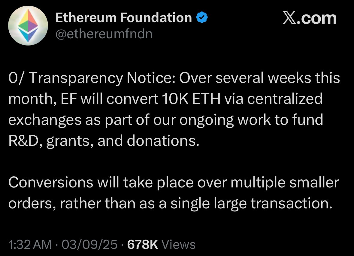 🚨ALERT Ethereum Foundation plans to sell 10,000 ETH worth $42.9M this  September. Why did they chose the worst month in crypto to dump $ETH ?🙄
