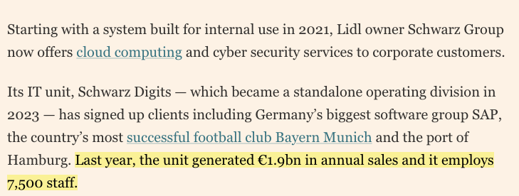 <a href="/ja3k_/">ja3k</a> German discount grocer Lidl built their own cloud infrastructure because of German data laws, and now has a ~$2B revenue business selling it to others (a la AWS)