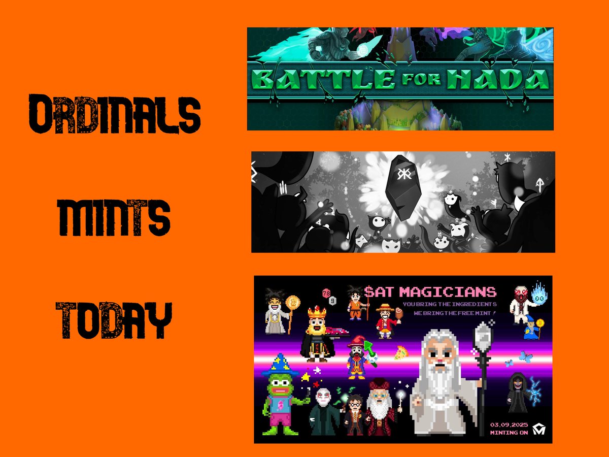 Gm 

Crowded day in Ordinals today!

 3 cool mints happening:

1. <a href="/RunelingsBTC/">Runelings</a> on <a href="/MEonBTC/">Magic Eden on Bitcoin 🟧</a>

WL at 4pm UTC
MP: 0.00055 BTC 

Public at 5pm UTC 
MP: 0.00075 BTC 

2. Sat Magicians by <a href="/const_quary/">quary.sats</a> 
WL at 2:30pm UTC on <a href="/Magisat_io/">Magisat</a>
MP: free if bring your rare sats or buy there  (it's