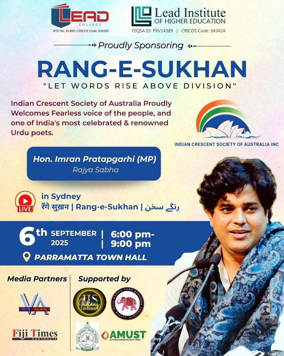 Jeenal N Gala (@jeenalngala) on Twitter photo Sydney souls, embrace "Rang-e-Sukhan," where poetry heals division! On 6th Sept 2025, 6 PM onwards at Parramatta Town Hall, celebrate Hon. Rajya Sabha MP <a href="/ShayarImran/">Imran Pratapgarhi</a> ji India’s poetic star, shining globally with fearless grace! Sydney souls, embrace "Rang-e-Sukhan," where poetry heals division! On 6th Sept 2025, 6 PM onwards at Parramatta Town Hall, celebrate Hon. Rajya Sabha MP <a href="/ShayarImran/">Imran Pratapgarhi</a> ji India’s poetic star, shining globally with fearless grace!