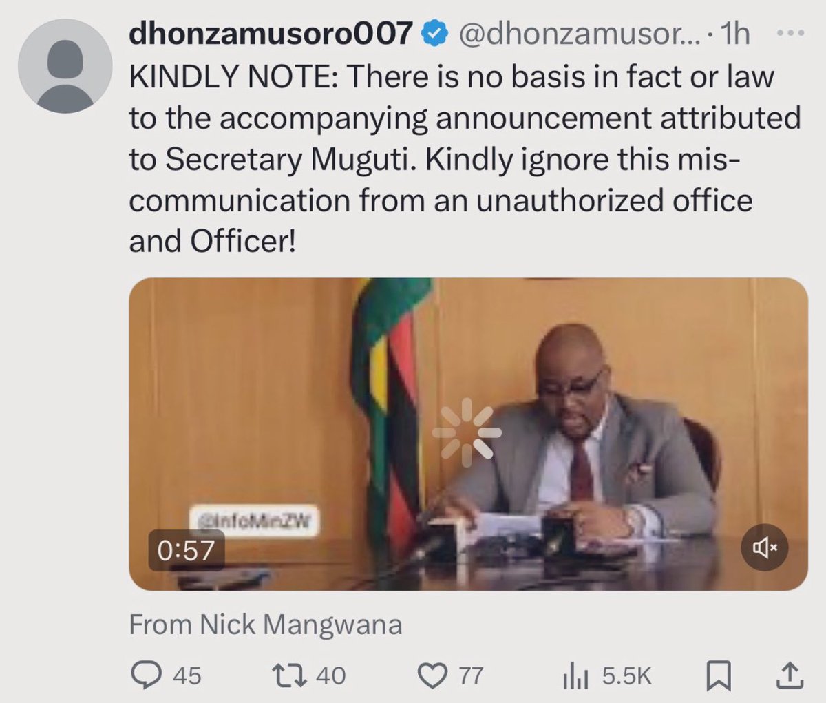 🔸Good morning <a href="/nickmangwana/">Nick Mangwana</a>,

Why are you endorsing illegal announcements made by unauthorized officers? Do you understand that the Govt has to respect the rule of law. 

We need new leaders.🇿🇼