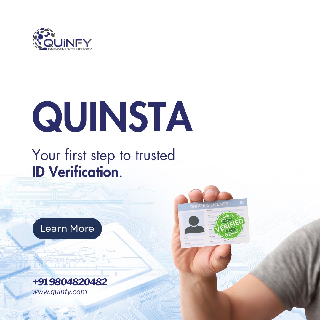 quinfy's tweet image. Quinsta: Your first step to trusted ID Verification. At Quinsta, our ID verification process confirms that individuals are authentic and their identity documents are genuine.#Quinsta #IDVerification#SafetyFirst #TrustedReports #SecureDecisions #KYCCompliance #VerifyWithConfidence