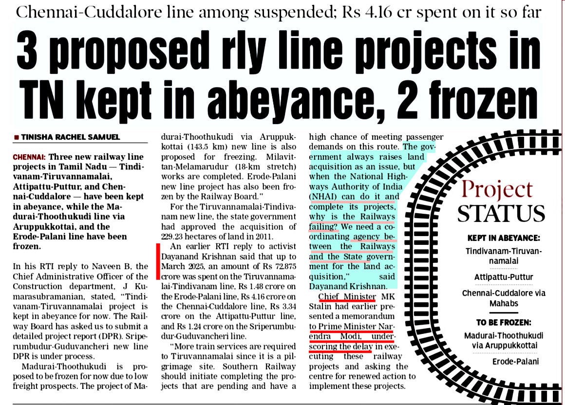 Dayanand Krishnan (@dayatiger197312) on Twitter photo <a href="/narendramodi/">Narendra Modi</a> <a href="/CMOTamilnadu/">CMOTamilNadu</a>
Nearing 2 DECADES #New_Railway_Line projects are not moving ahead in #Tamilnadu
Railways always raises land acquisition as an issue, but when the National Highways #NHAI CAN DO IT and complete its project in Tamil Nadu why is the Railways FAILING ? <a href="/narendramodi/">Narendra Modi</a> <a href="/CMOTamilnadu/">CMOTamilNadu</a>
Nearing 2 DECADES #New_Railway_Line projects are not moving ahead in #Tamilnadu
Railways always raises land acquisition as an issue, but when the National Highways #NHAI CAN DO IT and complete its project in Tamil Nadu why is the Railways FAILING ?