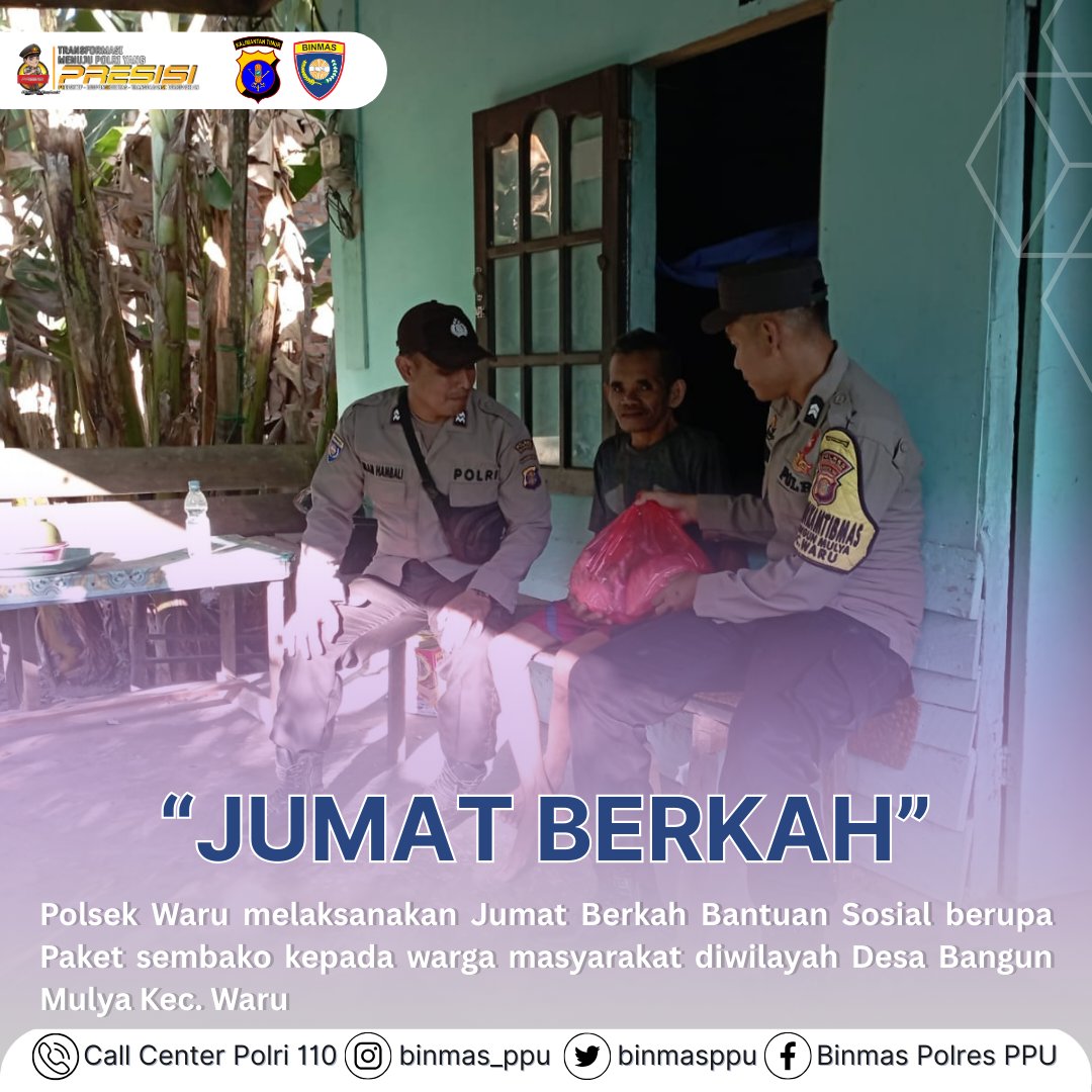 binmasppu's tweet photo. Polsek Waru melaksanakan Jumat Berkah Bantuan Sosial berupa Paket sembako kepada warga masyarakat diwilayah Desa Bangun Mulya Kec. Waru
.
.
#PolresPPU #PoldaKaltim #Polripresisi #BaksosPolri #iknNusantara #KamiBersamaPolri #UntungAdaPolisi #SavePolri #PolriUntukMasyarakat https://t.co/niLMyzgX37