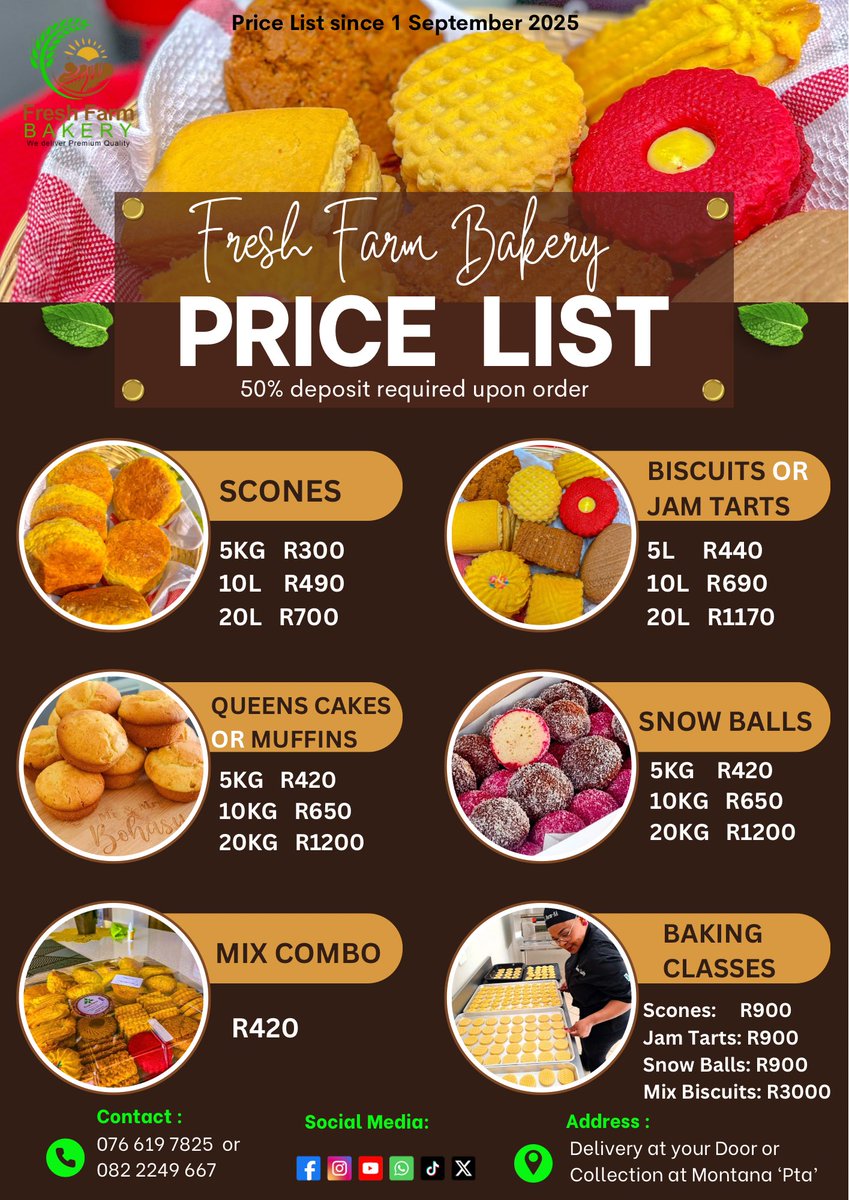 📢 New Price List Alert! 🧁🍪

Effective from 1 September 2025, our updated prices are now live! 💥

Same premium quality, same friendly service — just refreshed rates to keep delivering the best to you! 🌾✨
#cookies #scones #bakery #pretoriabaker #biscuits