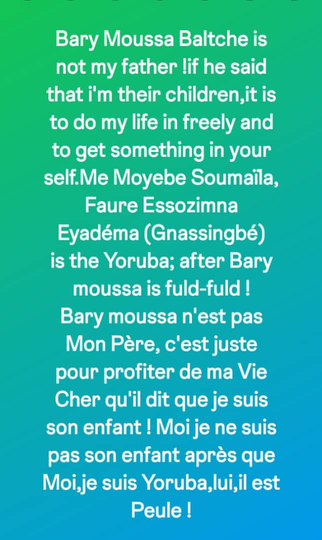 For many years they church my father in the top of Togo,but Bary moussa refuse to come to see my father,he refuse again to Call my father and me again for to day in the gouvernment of Togo ! Anybody don't call, anybody don't come, from 2005 go to 2025 !