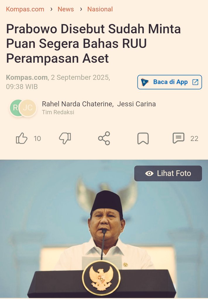Velkan (@rayapwatu) on Twitter photo Komitmen untuk memperjuangkan RUU Perampasan Aset dari Presiden <a href="/prabowo/">Prabowo Subianto</a> bersama Ketua DPR <a href="/puanmaharani_ri/">Puan Maharani</a> semoga bisa terwujud.
nasional.kompas.com/read/2025/09/0… Komitmen untuk memperjuangkan RUU Perampasan Aset dari Presiden <a href="/prabowo/">Prabowo Subianto</a> bersama Ketua DPR <a href="/puanmaharani_ri/">Puan Maharani</a> semoga bisa terwujud.
nasional.kompas.com/read/2025/09/0…
