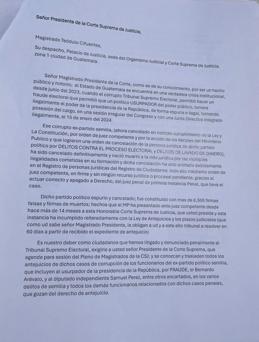 frattigiovanni's tweet image. Señor Presidente de la Corte Suprema de Justicia,

Magistrado Teódulo Cifuentes,

Su despacho, 

Palacio de Justicia, sede del Organismo Judicial y Corte Suprema de Justicia.
zona 1 ciudad de Guatemala.

     Señor Magistrado Presidente de la Corte Suprema de Justicia, como es de…