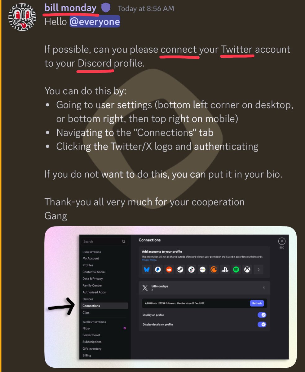 monad team made a huge dc announcement 🚨

if ur in monad dc connect your twitter profile to dc

this will help the team to differentiate and match monad community member’s activities across platforms before mainnet 📊