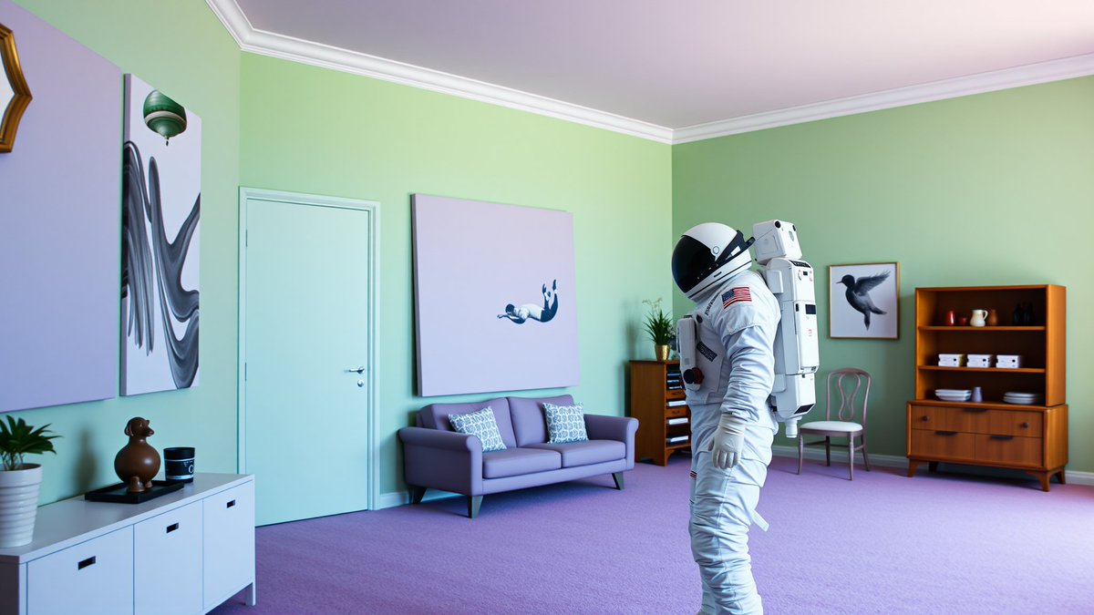 Astronaut in a pastel-colored room, symbolizing crypto exit strategies