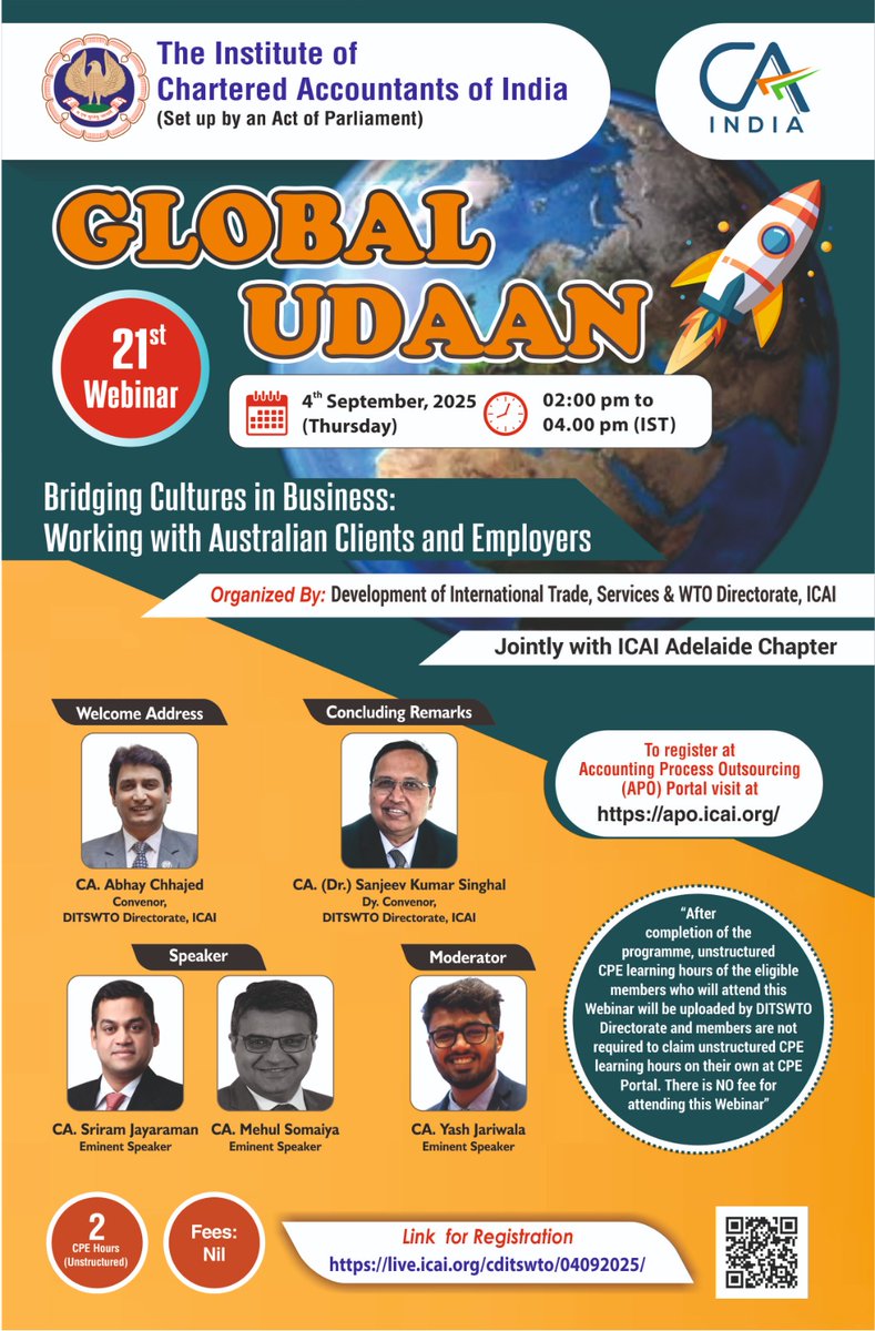 Join us at Global Udaan Series- 21 : Webinar on " Bridging Cultures in Business : Working with Australian Clients and Employers" on 4th September, 2025, being organised by <a href="/ditswtoicai/">Development of International Trade, Services & WTO</a> of <a href="/theicai/">Institute of Chartered Accountants of India - ICAI</a> jointly with ICAI Adelaide Chapter

Link for registration: live.icai.org/cditswto/04092…