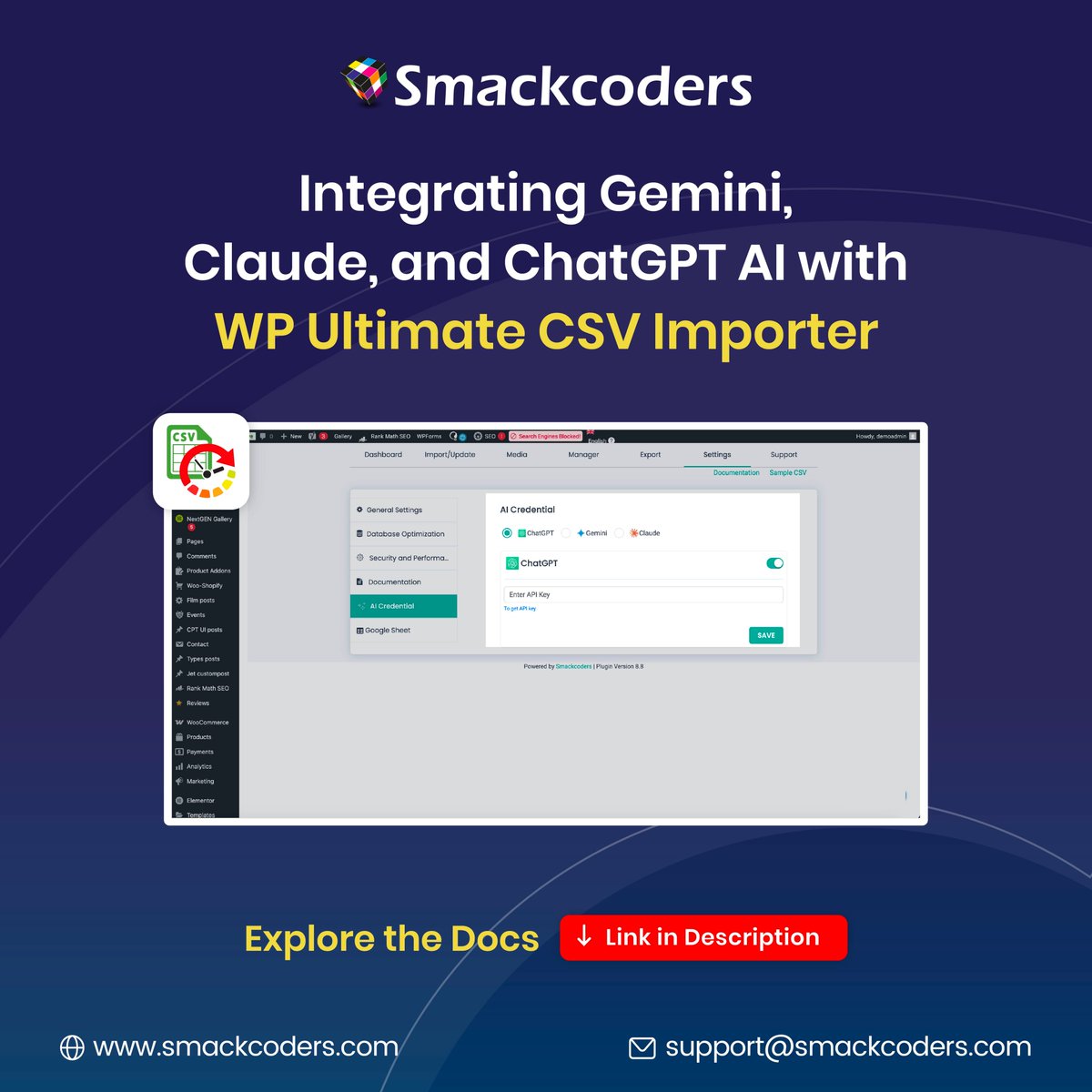 smackcoders's tweet image. 🚀 AI + WordPress CSV Importing!
With WP Ultimate CSV Importer Pro, you can now automate field mapping, speed up bulk data imports & simplify content generation.
👉Learn More : smackcoders.com/documentation/…
#wpultimatecsvimporter #smackcoders #aiinwordpress #pluginsupport #wordpress