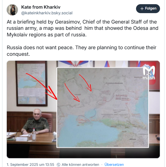 Diese Pressekonferenz von Russlands Generalstabschef Gerassimow zeigt eine aufschlussreiche Karte: Sogar Odessa wäre russisch besetzt. Russland will die Schwarzmeer-Küste erobern - samt Landverbindung bis Moldawien und zur Donau. Die rechte Kreml-Diktatur will keinen Frieden.