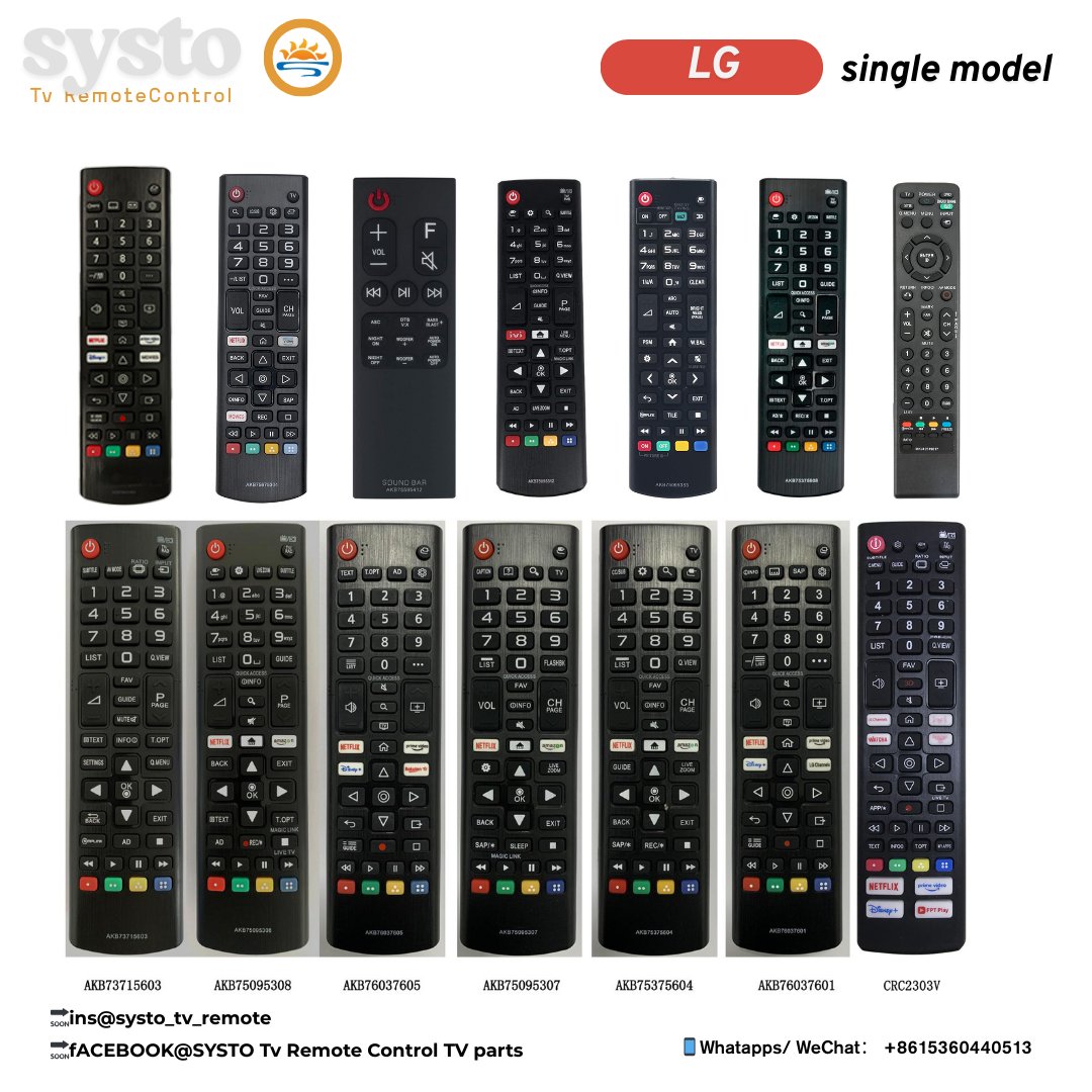 SystoRemote's tweet image. Support customization👇LG Single model👇
Multiple models are available for selection.More models can be customized.
🔗systo.hk
🔗linktr.ee/SystoOfficial
📱WhatsApp/WeChat：8615360440513
#tv #tvremotecontrol #tvremote #customized #remotecontrol #IntelligentLife