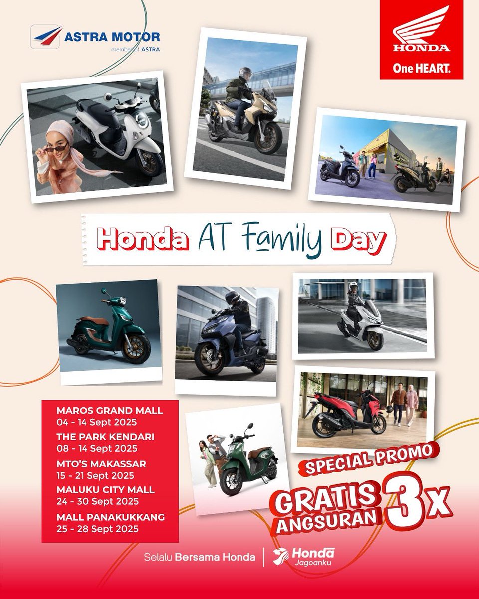 Honda AT Family Day hadir lagi untuk BroSis! 💯

Nikmati berbagai promo spesial dan kesempatan mencoba deretan motor Honda terbaru. Catat lokasi dan tanggalnya! 

Jangan lewatkan kesempatan emas untuk bawa pulang motor impianmu! 💯

#Honda #HondaJagoanku #SelaluBersamaHonda