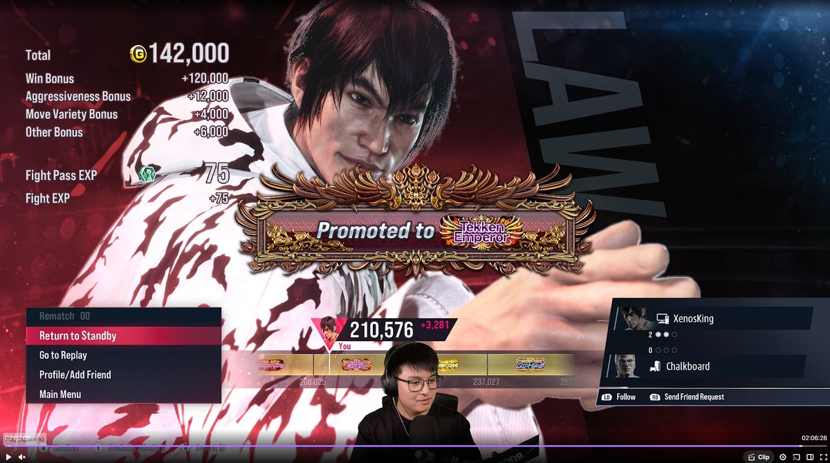 FINALLY AT EMPEROR!!
Now I only need 12 more games to hit Tekken God.

The goal is to get there in 6 days before 2XKO closed beta starts.

Shout outs to <a href="/ScarworkTV/">Scarwork</a> for helping me through the run and <a href="/xLilChaosx/">LilChaos ‧₊ᵎᵎ🎀⋅°✮</a> for the amazing raid! 💖