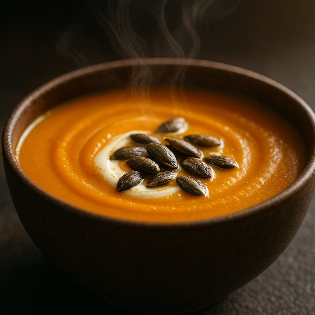 Herbstlicher Kürbissuppe-Genuss! Kürbis ist reich an Beta-Carotin für gesunde Haut und starke Immunabwehr. 🎃 Mit Ingwer, Kokosmilch und Curry wird daraus eine wärmende Kraftsuppe. Jeder Löffel bringt Herbstfreude und nährt deinen Körper von innen. Comfort Food neu definiert!