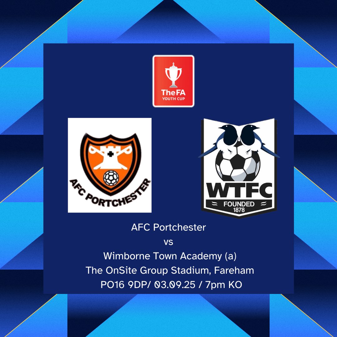 MATCH DAY: 

🏆FA YOUTH CUP! 🏆

Tonight our Academy boys kick start their FA Youth Cup campaign by travelling to <a href="/AFCPortchester/">AFC Portchester</a> in the Preliminary round.

🏟️The OnSite Group Stadium, Fareham, PO16 9DP
📅 Wednesday 03.09.25
⏰ 7pm 

#upthemagpies 🥧