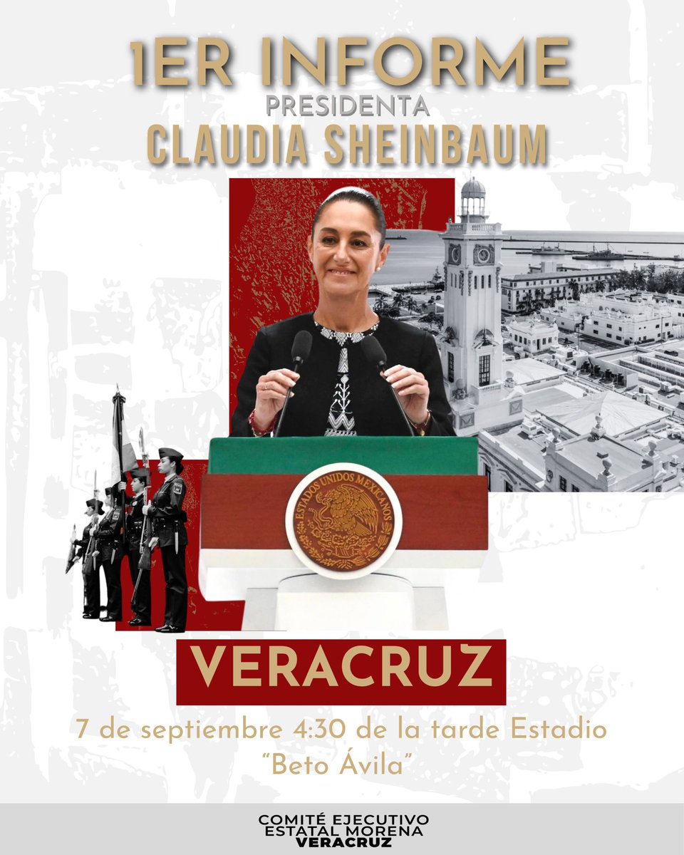 Este 7 de septiembre a las 4:30 PM en el Estadio Beto Ávila, la Presidenta de México, Claudia Sheinbaum Pardo, presentará su Primer Informe de Gobierno en el estado de Veracruz.
Para los veracruzanos es un honor recibir a nuestra presidenta y ser testigos de la Transformación.