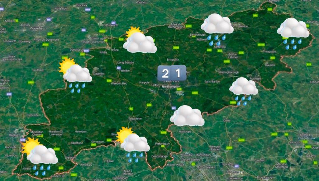 Good morning Northamptonshire.

Outbreaks of rain, some heavy, this morning followed by sunny spells and some afternoon heavy showers with a risk of thunder. Windy with gusts 35-40mph. 21°C.

Sunny spells &amp; showers tomorrow. 21°C.