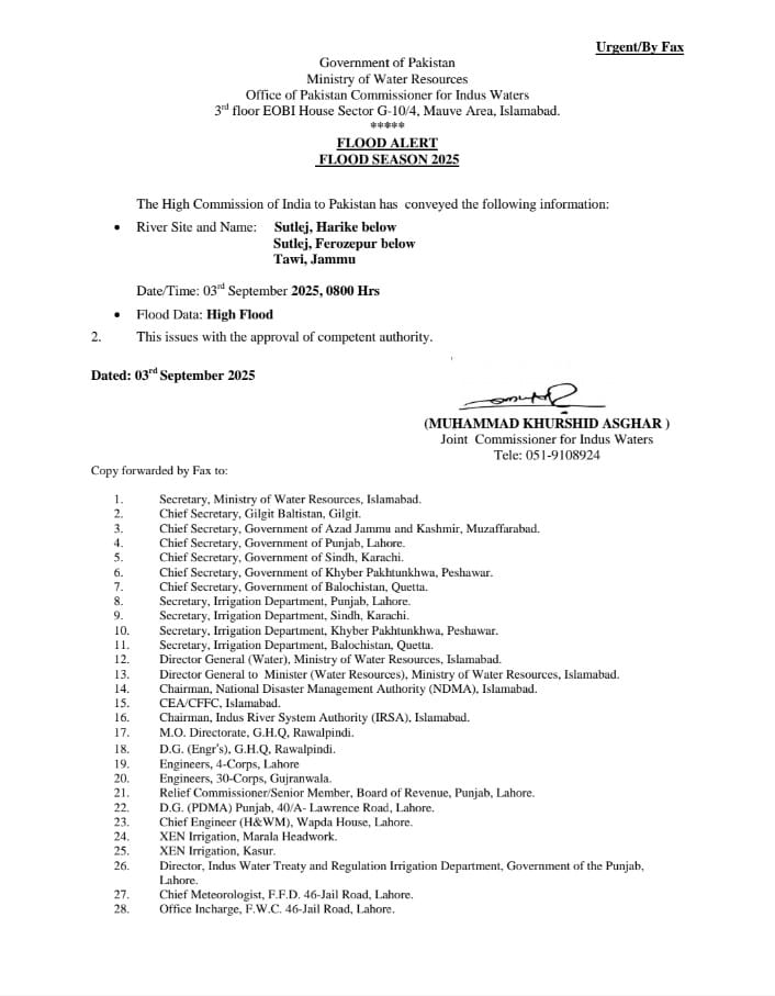 بھارت کے ہائی کمیشن نے پاکستان کو سیلابی صورتحال سے آگاہ کر دیا، دریائے ستلج ہریکے کے مقام پر اونچی سطح کا سیلاب ریکارڈ کیا گیا ہے، دریائے ستلج فیروزپور کے مقام پر اونچی سطح کا سیلاب ریکارڈ کیا گیا ہے، دریائے توی جموں کے مقام پر اونچی سطح کا سیلاب ریکارڈ کیا گیا ہے